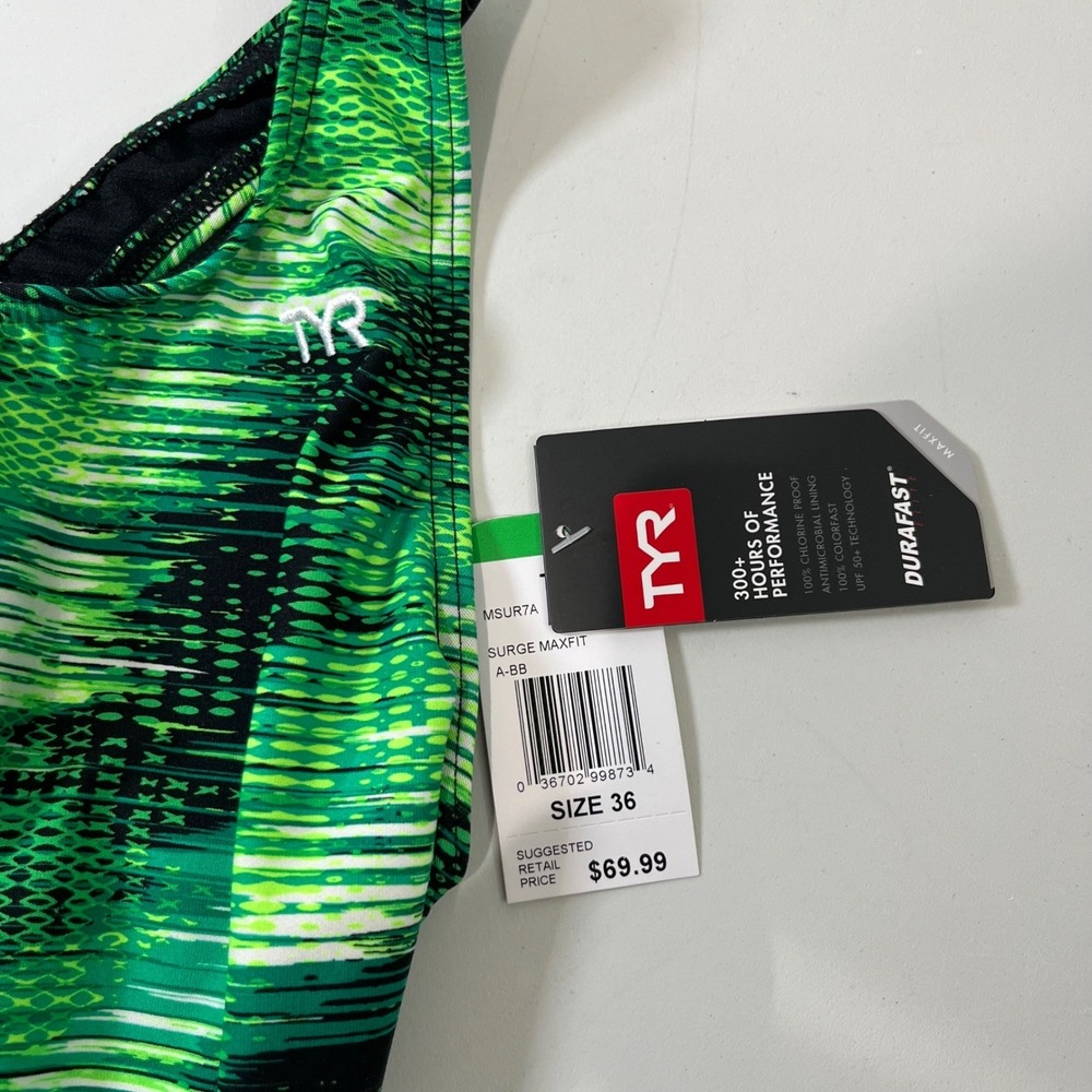 NEW TYR Surge Maxfit One Piece Swimsuit Sz 36 Green Black Abstract Performance - Picture 3 of 4